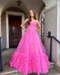 Ball Gown Strapless Tulle Ruffle Tiered Prom Dresses