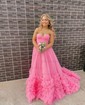 Ball Gown Strapless Tulle Ruffle Tiered Prom Dresses