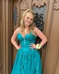 Ball Gown V-neck Tulle Corset Prom Dresses With Appliques