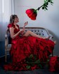 A-line V-neck Satin Cut Out Ruffle Tiered Prom Dresses