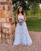 Ball Gown Strapless Tulle Tiered Prom Dresses With Appliques