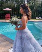 Ball Gown Strapless Tulle Ruffle Tiered Prom Dresses With Beading