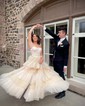 Ball Gown Square Neck Tulle Tiered Prom Dresses With Feather