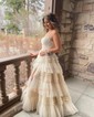 Ball Gown Square Neck Tulle Tiered Prom Dresses With Feather