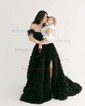 Ball Gown Off-the-shoulder Tulle Tiered Prom Dresses With Feather