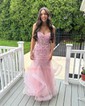 Mermaid Strapless Tulle Ruffle Tiered Prom Dresses With Appliques