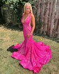 Mermaid V-neck Backless Sparkly Sequin Prom Dresses