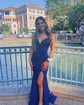 Blue Mermaid V-neck Jersey Beaded Prom Dresses