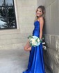 Mermaid Strapless Ruched Satin Prom Dresses With Appliques