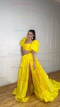 Ball Gown Square Neck Satin Two Piece Prom Dresses With Puff Sleeve