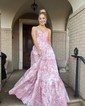 Ball Gown Strapless Satin Floral Prom Dresses With Ruched