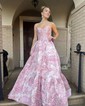Ball Gown Strapless Satin Floral Prom Dresses With Ruched