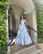 Ball Gown Strapless Satin Floral Prom Dresses With Ruched