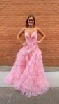 Ball Gown V-neck Tulle Ruffle Tiered Prom Dresses