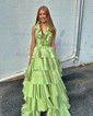 Ball Gown Halter Taffeta Backless Ruffle Tiered Prom Dresses