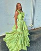 Ball Gown Halter Taffeta Backless Ruffle Tiered Prom Dresses