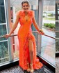 Sheath/Column V-neck Sparkly Sequin Prom Dresses With Feather