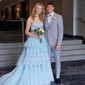 Ball Gown Strapless Tulle Ruffle Tiered Prom Dresses With Appliques