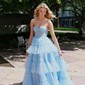 Ball Gown Strapless Tulle Ruffle Tiered Prom Dresses With Appliques