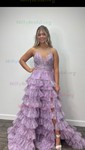 Ball Gown V-neck Tulle Floral Ruffle Tiered Prom Dresses