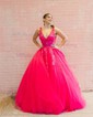 Princess V-neck Backless Tulle Prom Dresses With Appliques