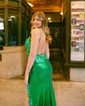 Sheath/Column V-neck Sparkly Sequin Backless Prom Dresses With Appliques