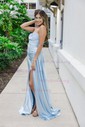 Mermaid Strapless Ruched Satin Prom Dresses With Appliques