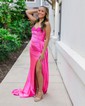 Mermaid Strapless Ruched Satin Prom Dresses With Appliques