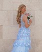 Ball Gown One Shoulder Tulle Tiered Prom Dresses With Appliques