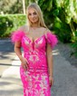 Mermaid Off-the-shoulder Sparkly Sequin Prom Dresses With Feather