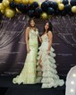 Ball Gown V-neck Tulle Floral Ruffle Tiered Prom Dresses