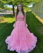 Ball Gown Sweetheart Tulle Tiered Prom Dresses With Appliques
