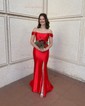 Mermaid Off-the-shoulder Satin Corset Prom Dresses With Ruched