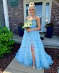 Ball Gown Strapless Tulle Ruffle Tiered Prom Dresses With Bow