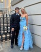 Ball Gown Strapless Tulle Ruffle Tiered Prom Dresses With Bow