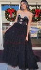 Ball Gown Strapless Tulle Ruffle Tiered Prom Dresses With Bow