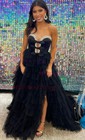 Ball Gown Strapless Tulle Ruffle Tiered Prom Dresses With Bow