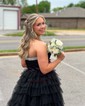 Ball Gown Strapless Tulle Ruffle Tiered Prom Dresses With Bow