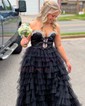Ball Gown Strapless Tulle Ruffle Tiered Prom Dresses With Bow