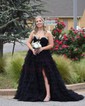 Ball Gown Strapless Tulle Ruffle Tiered Prom Dresses With Bow