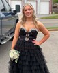 Ball Gown Strapless Tulle Ruffle Tiered Prom Dresses With Bow