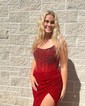 Sheath/Column Strapless Sparkly Velvet Sequin Prom Dresses With Beading