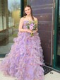 Princess Strapless Floral Tulle Ruffle Tiered Prom Dresses
