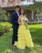 Ball Gown Strapless Tulle Tiered Prom Dresses With Appliques