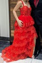 Ball Gown V-neck Sequin Ruffle Tiered Prom Dresses