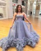 Princess Strapless Tulle Ruffle Prom Dresses