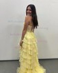 Ball Gown Strapless Chiffon Ruffle Tiered Prom Dresses With Appliques