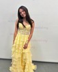 Ball Gown Strapless Chiffon Ruffle Tiered Prom Dresses With Appliques