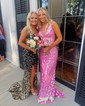 Sheath/Column V-neck Backless Sparkly Sequin Prom Dresses