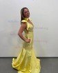 Mermaid V-neck Satin Beaded Prom Dresses With Bow